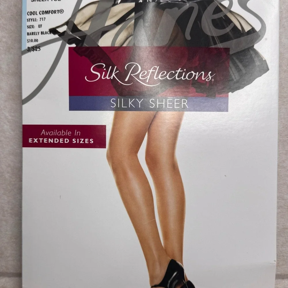 Hanes Silk Reflections Silky‎ Sheer Control Top Pantyhose Barely Black Size EF